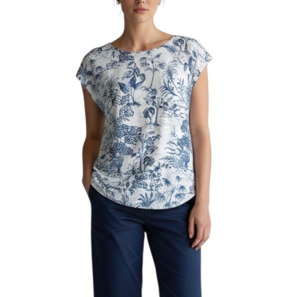 Blue White Linen Tropical Toile Print Cap Sleeve Top Coastal Grandmother S - Picture 1 of 13